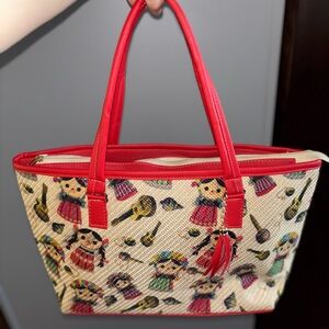 Source Unknown Red-Trim Woven Tote with Folklore Doll Print